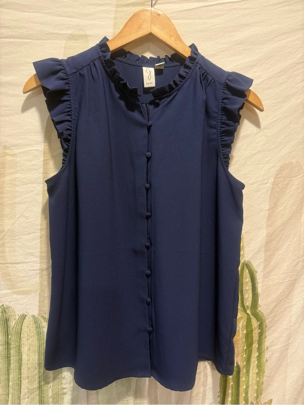 Joie Women's Sleeveles Button Ruffle Sleeve Tank Top Navy 🌵Small